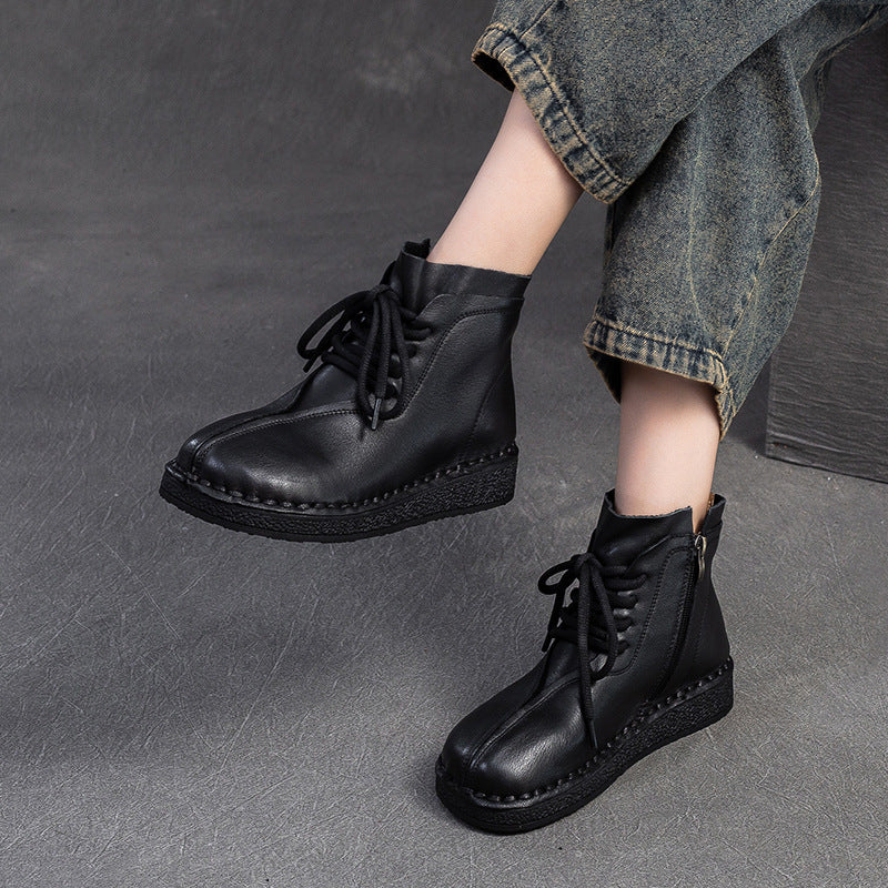 Women Vintage Solid Leather Flat Ankle Boots-RAIIFY