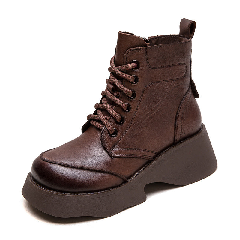 Women Retro Solid Leather Platform Boots-RAIIFY