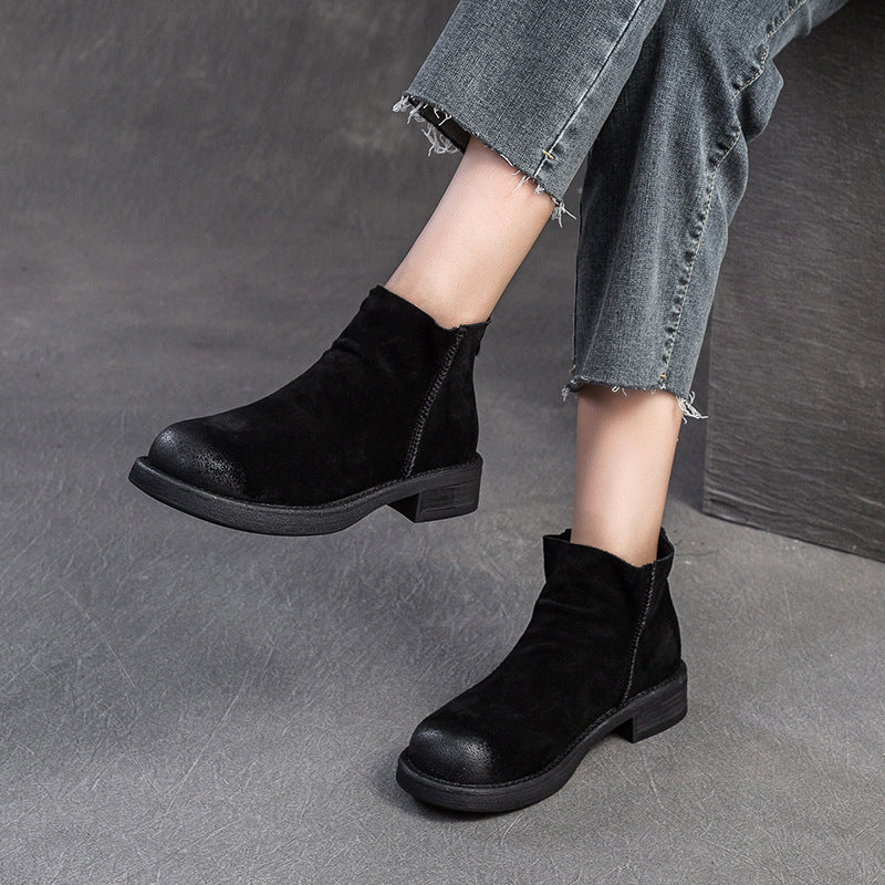 Women Retro Solid Nubuck Back Zipper Ankle Boots-RAIIFY