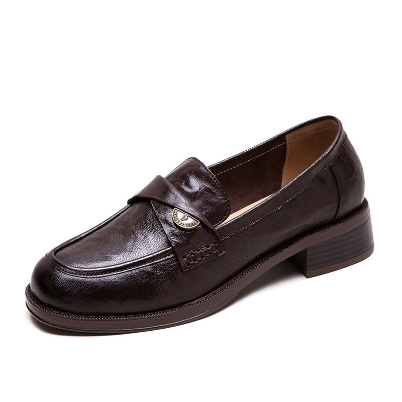 Women Leather Casual Low Block Retro Loafers-RAIIFY