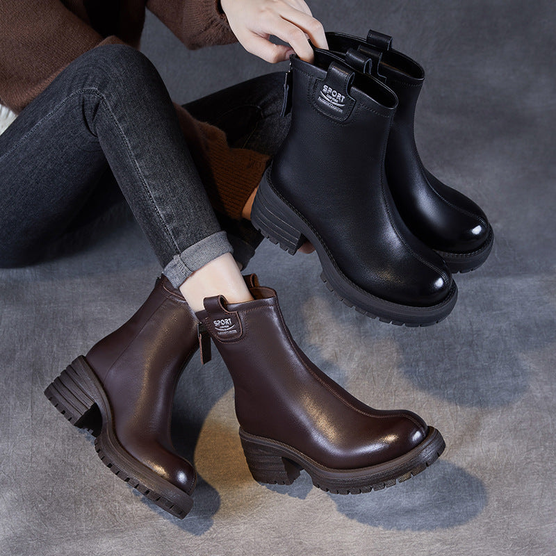 Women Retro Solid Soft Leather Low Block Boots-RAIIFY