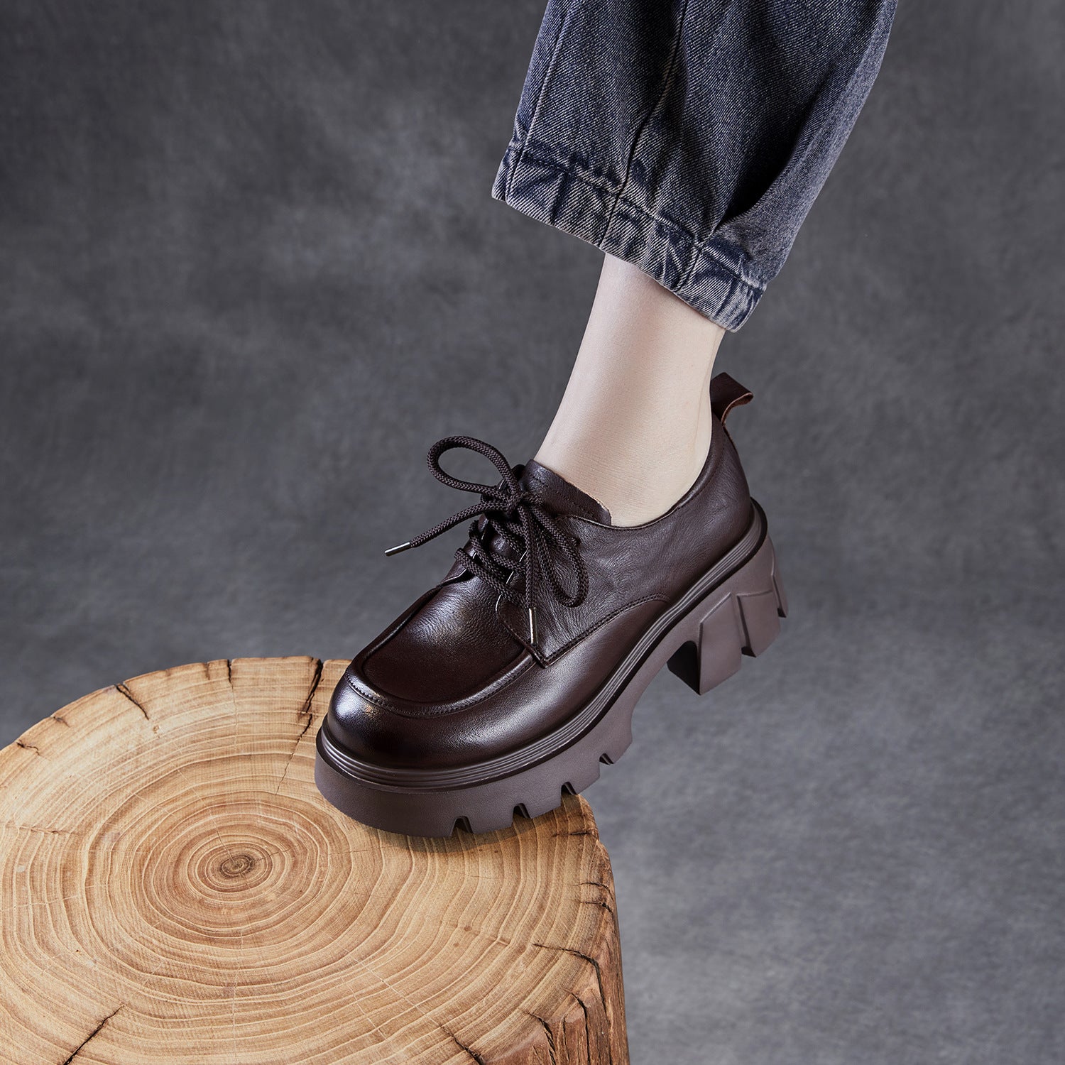 Women's Vintage Leather Chunky Heel Loafers-RAIIFY