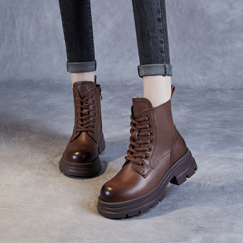 Women Minimalism Solid Leather Thick Soled Boots-RAIIFY