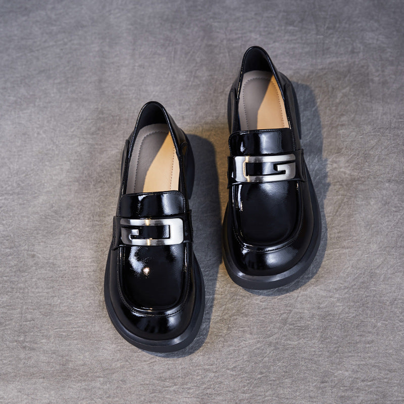 Women Solid Glossy Leather Low Block Loafers-RAIIFY