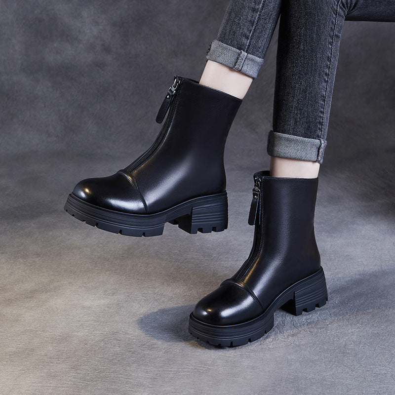 Women Minimalism Leather Front Zipper Casual Boots-RAIIFY