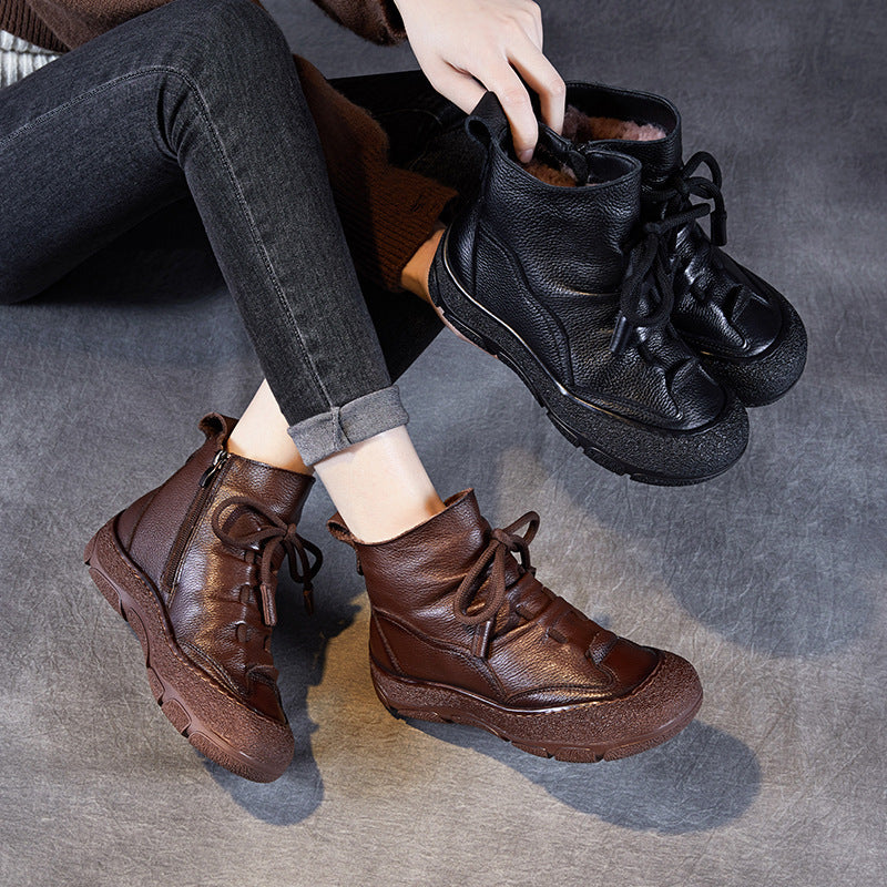 Women's Vintage Leather Woolen Ankle Boots-RAIIFY