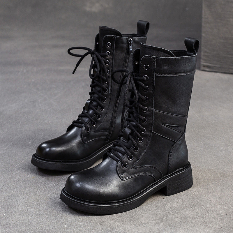 Women Minimalism Leather Mid-Calf Riding Combat Boots-RAIIFY