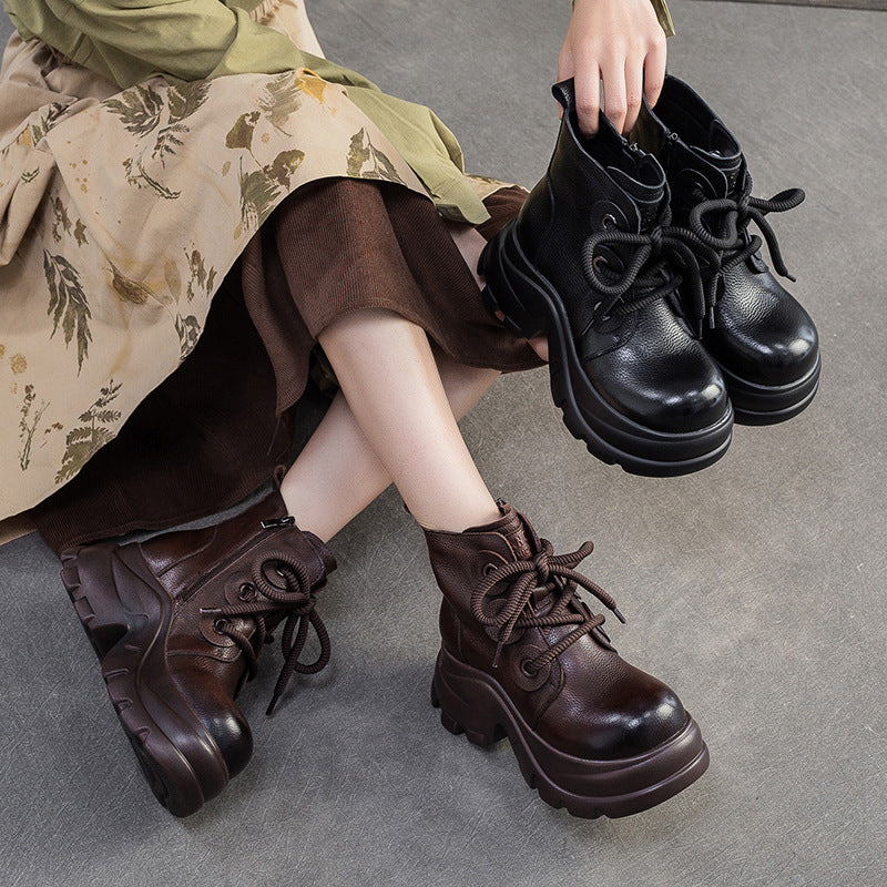 Women's Retro Plain Leather Platform Motorcycle Boots-RAIIFY
