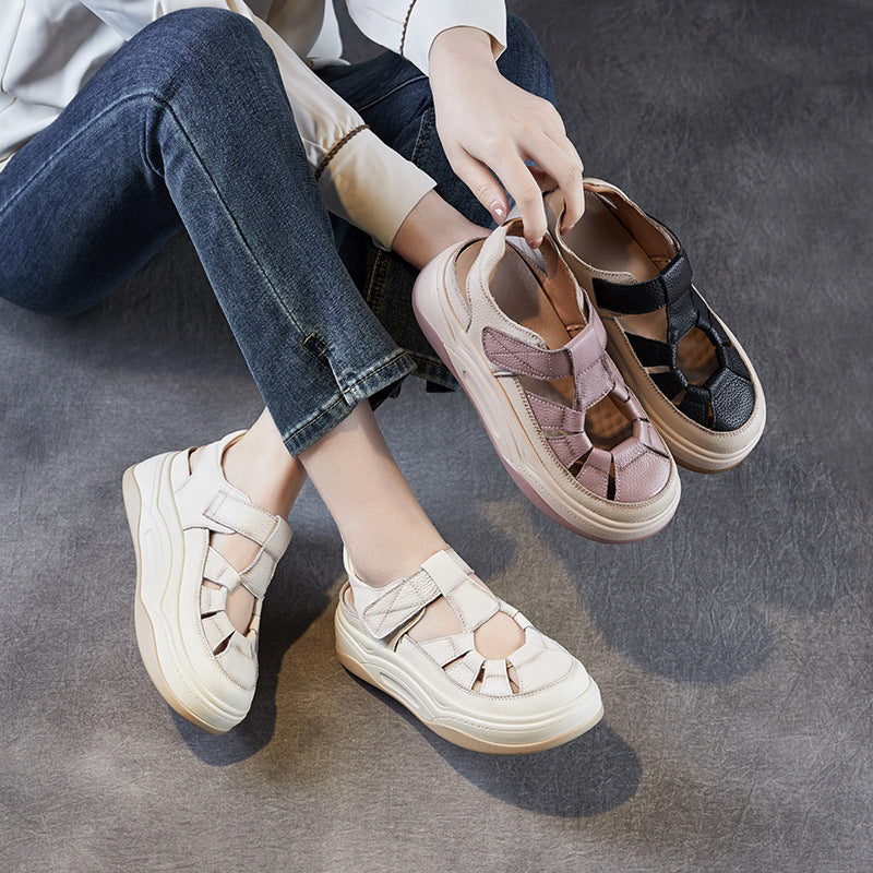 Women Plain Leather Round Head Platform Casual Sandals-RAIIFY