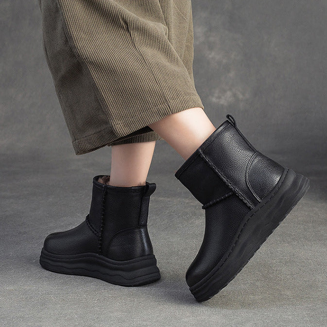 Women's Minimalist Leather Furred Slip-on Snow Boots-RAIIFY