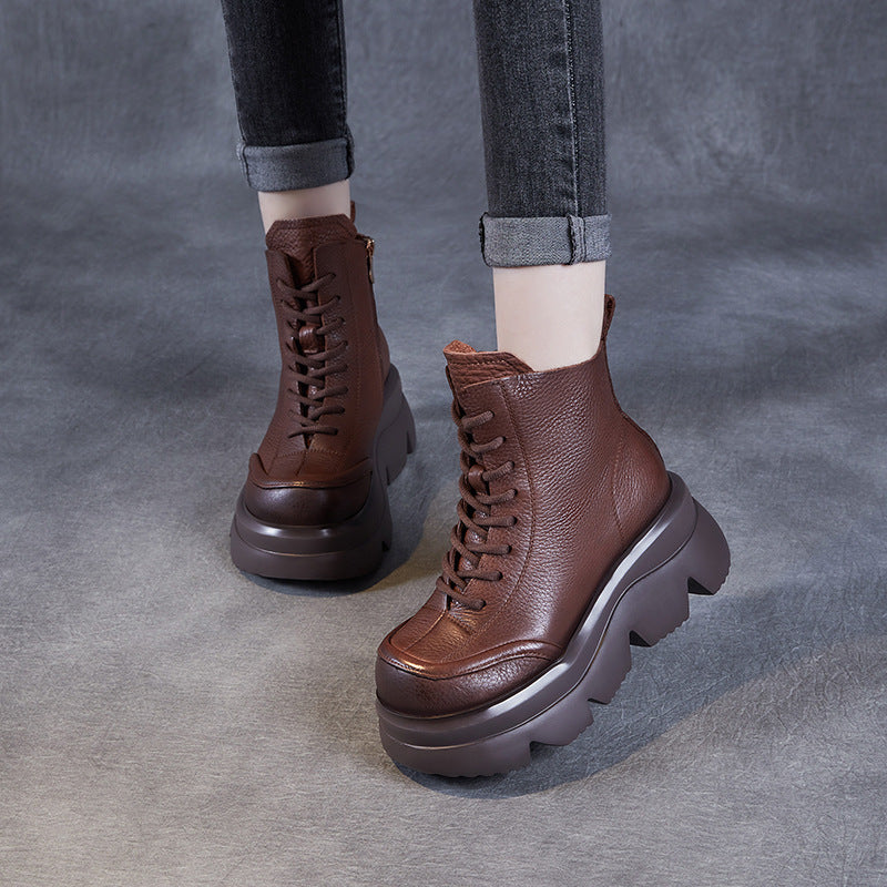 Women Retro Solid Leather Chunky Platform Boots-RAIIFY