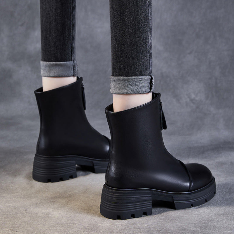 Women Minimalism Leather Front Zipper Casual Boots-RAIIFY