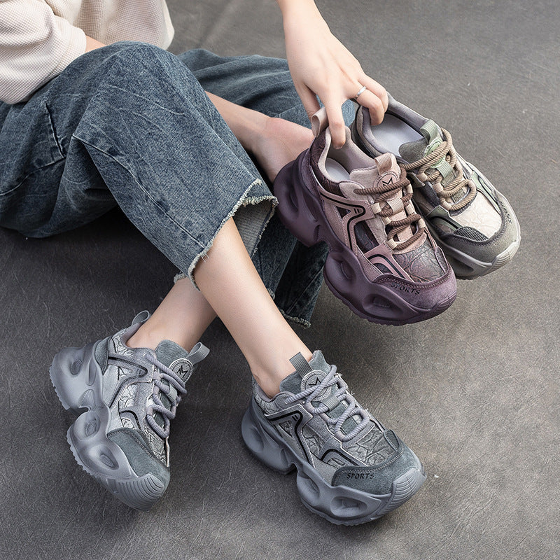 Women Casual Color Matching Leather Chunky Platform Sneakers-RAIIFY