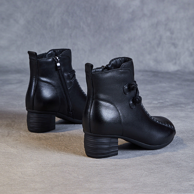 Women's Retro Leather Winter Furred Low Block Ankle Boots-RAIIFY