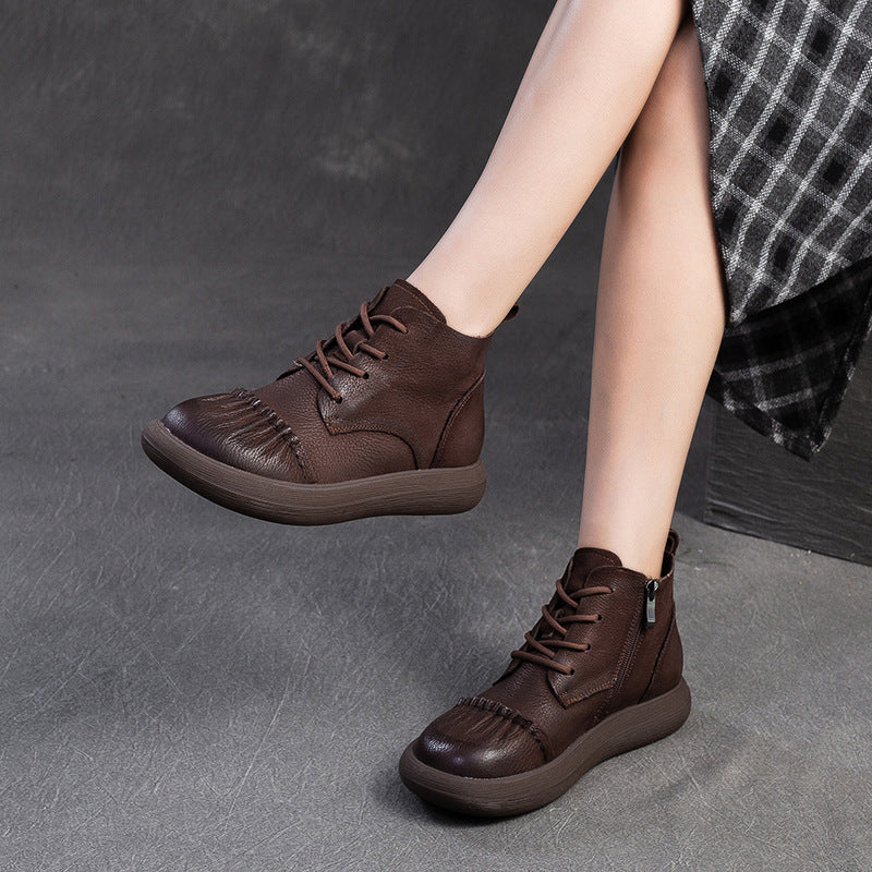 Women Retro Quilted Leather Flat Ankle Boots-RAIIFY