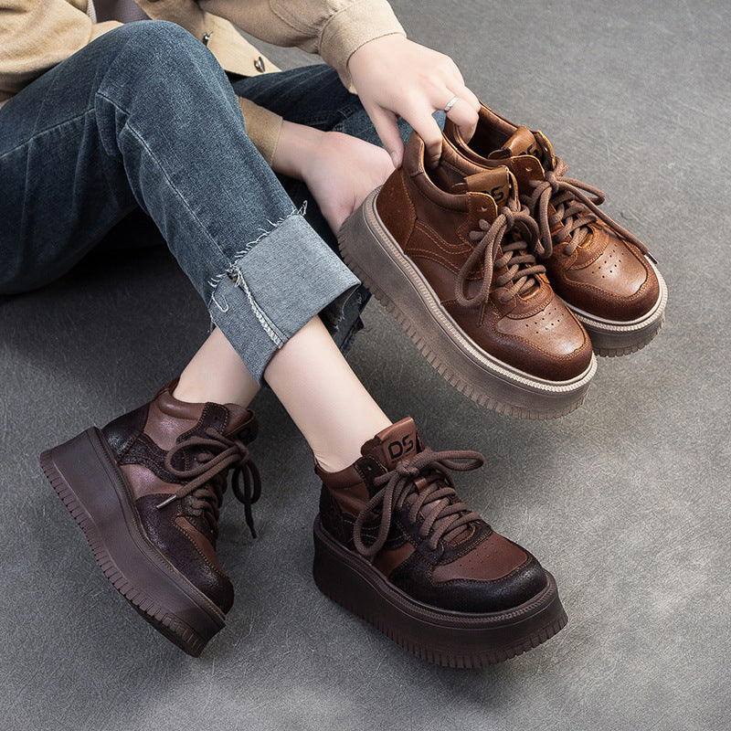 Women Vintage Leather Chunky Platform Casual Shoes-RAIIFY