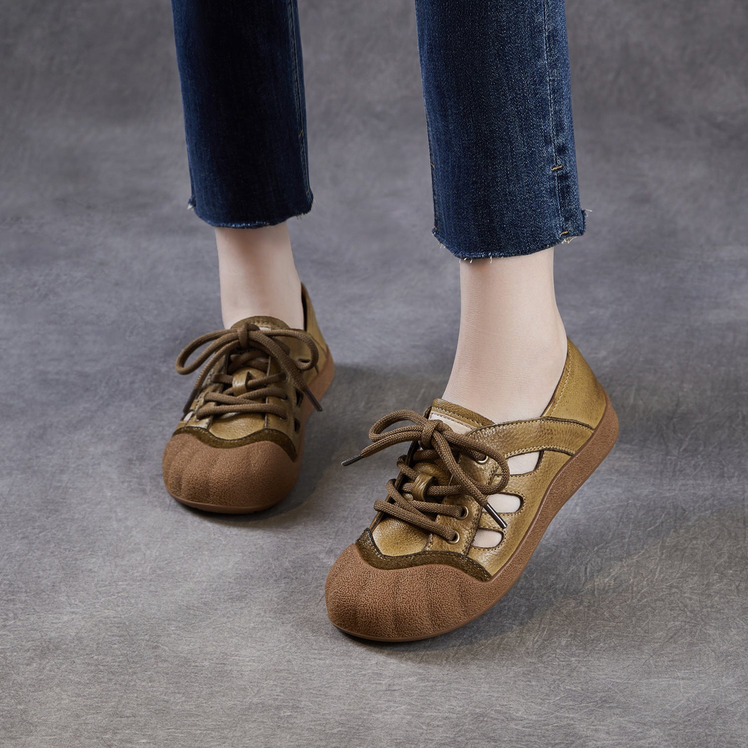 Women's Genuine Leather Retro Hollow-Out Lace-Up Casual Sandals-RAIIFY