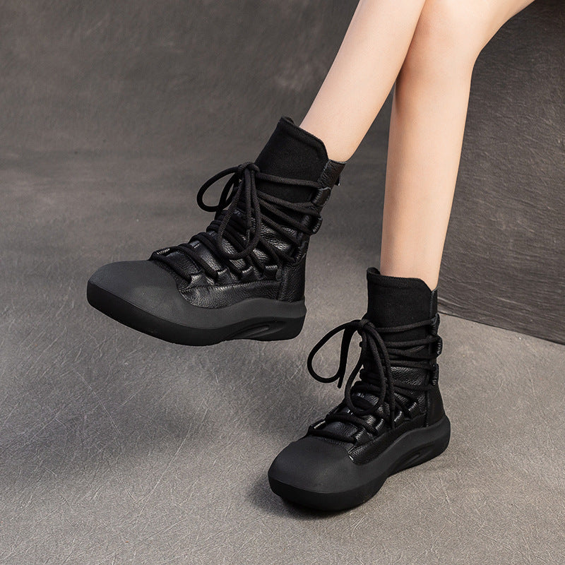 Women Vintage Lacing Back Zipper Leather Boots-RAIIFY