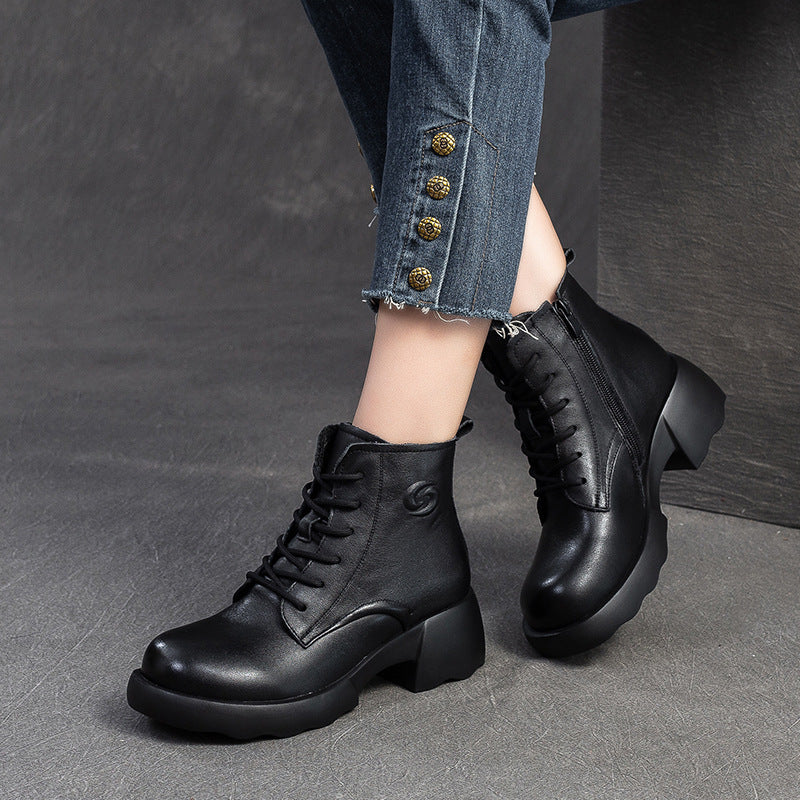 Women Retro Leather Low Block Ankle Boots-RAIIFY