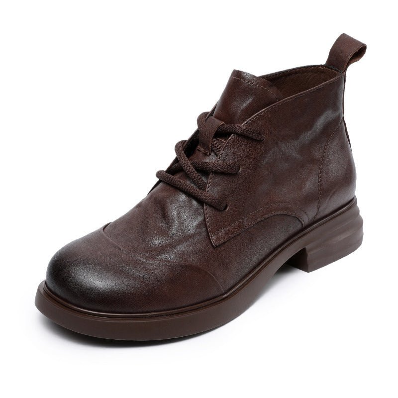 Women Vintage Solid Soft Leather Lace-up Ankle Boots-RAIIFY