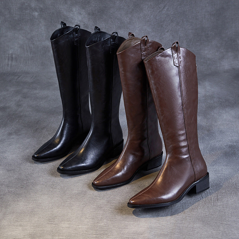 Women's Vintage Leather Pointed Toe Knee High Riding Boots-RAIIFY