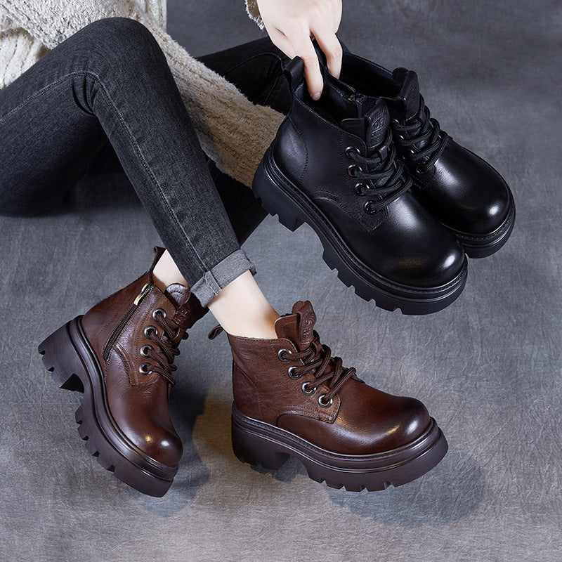 Women Retro Solid Leather Platform Ankle Boots-RAIIFY