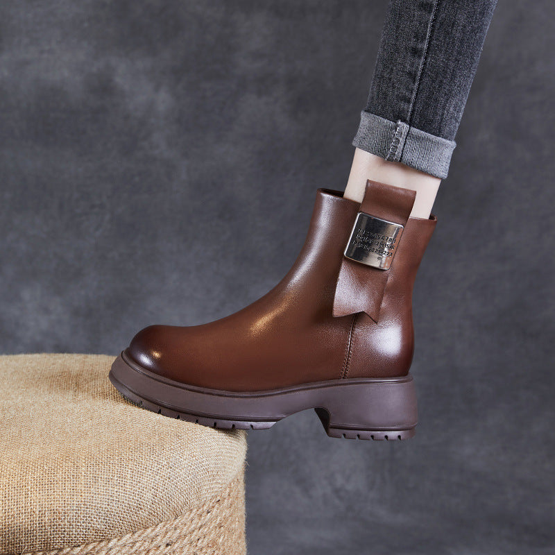 Women Minimalism Solid Leather Casual Boots-RAIIFY