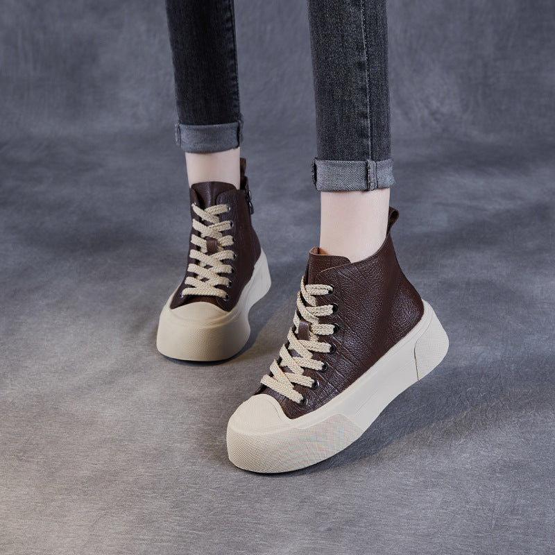 Women's Casual Plain Leather Flat Ankle Boots-RAIIFY