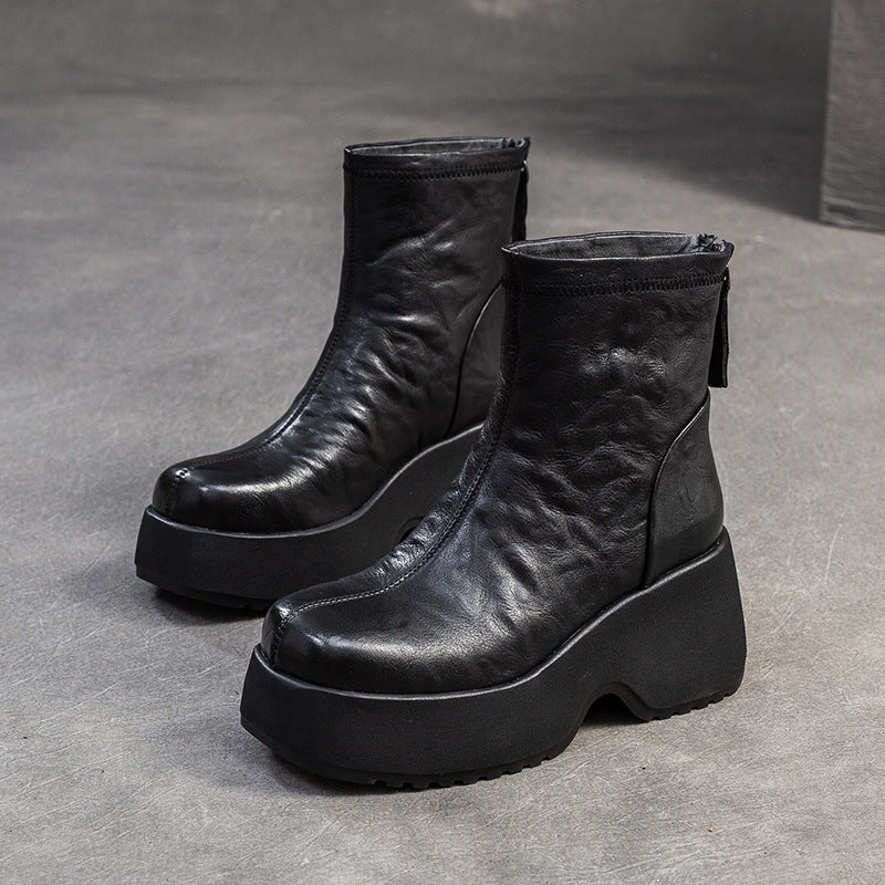 Women Retro Solid Leather Chunky Platform Boots-RAIIFY