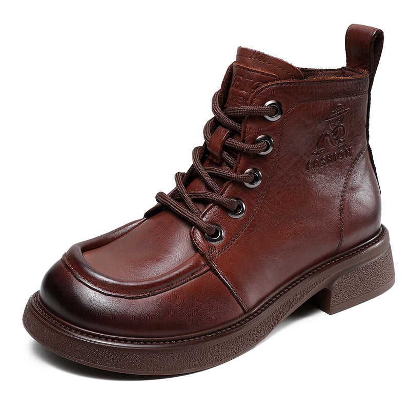 Women Retro Solid Leather Casual Ankle Boots-RAIIFY