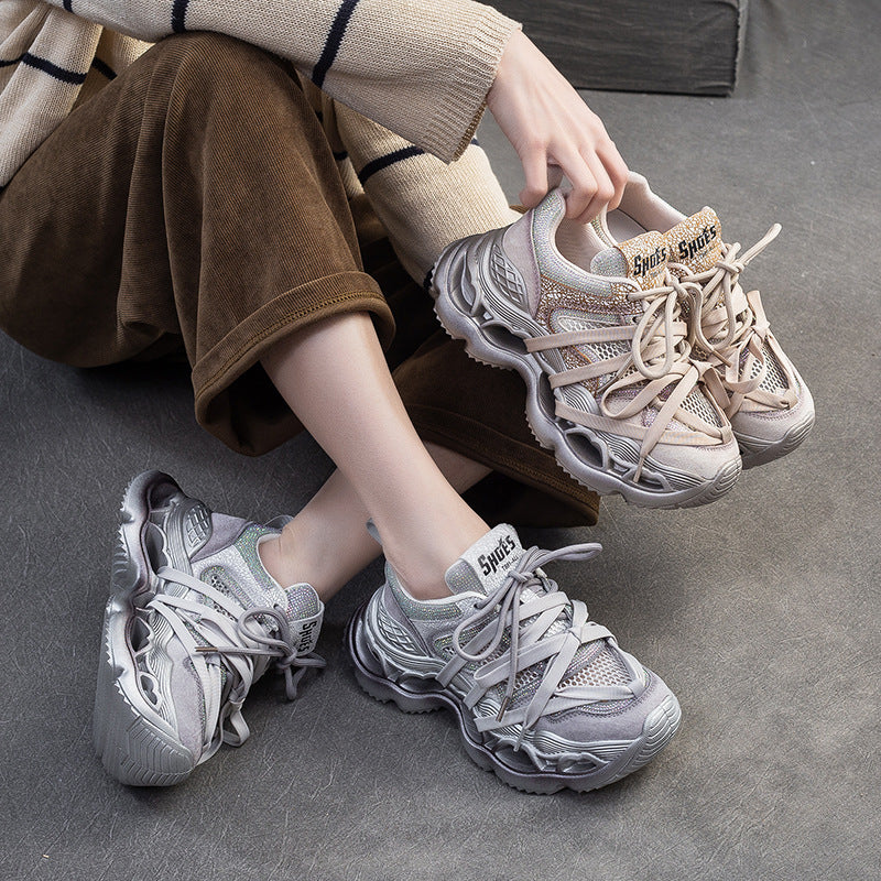 Women Rhinestone Breathable Mesh Platform Thick Sole Sneakers-RAIIFY