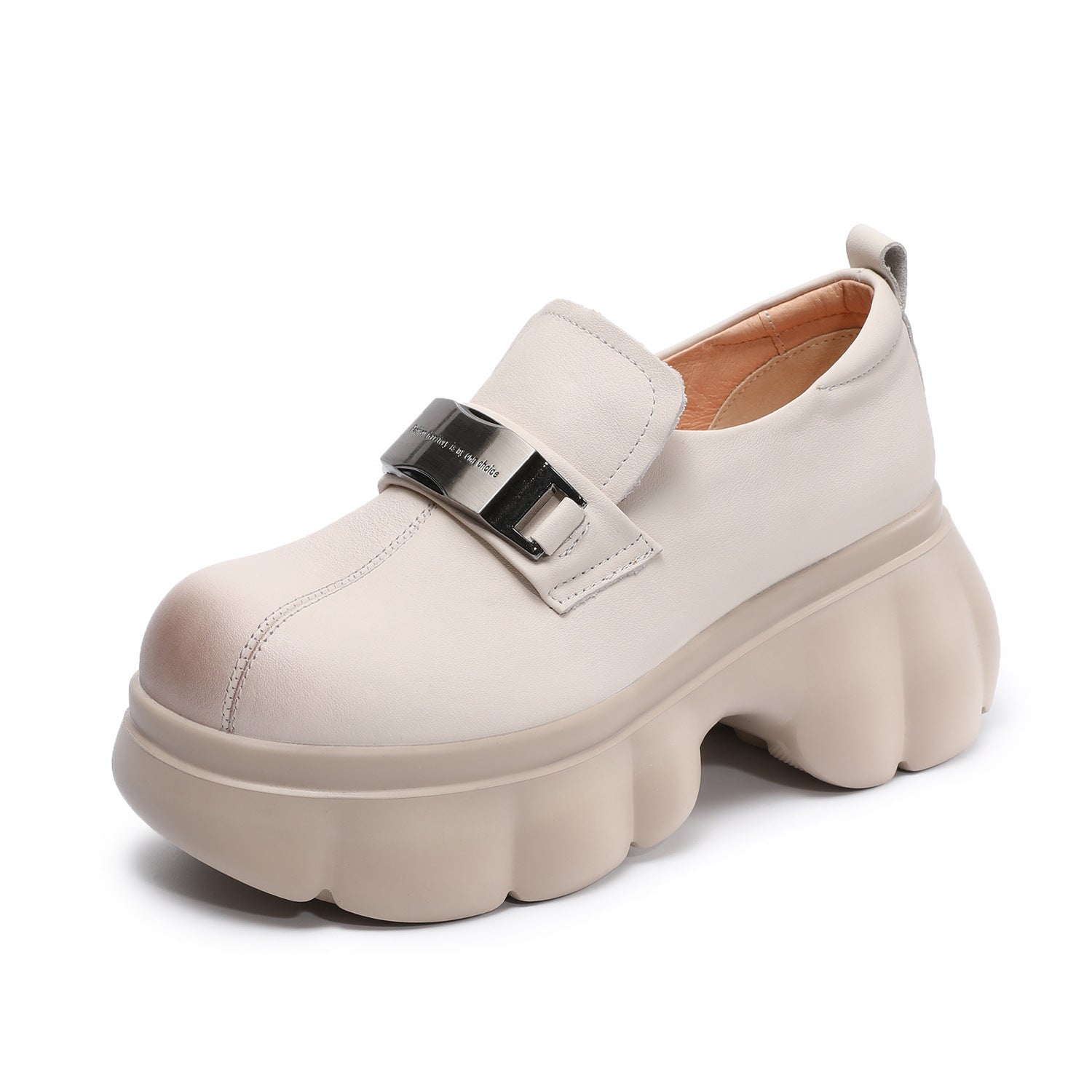 Women Genuine Leather Metal Buckle Platform Wedge Loafers-RAIIFY