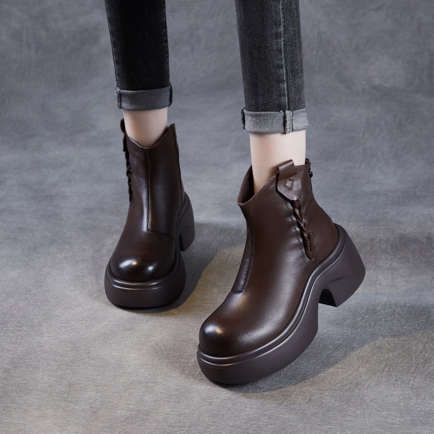 Botas de nieve con plataforma de cuero liso retro para mujer