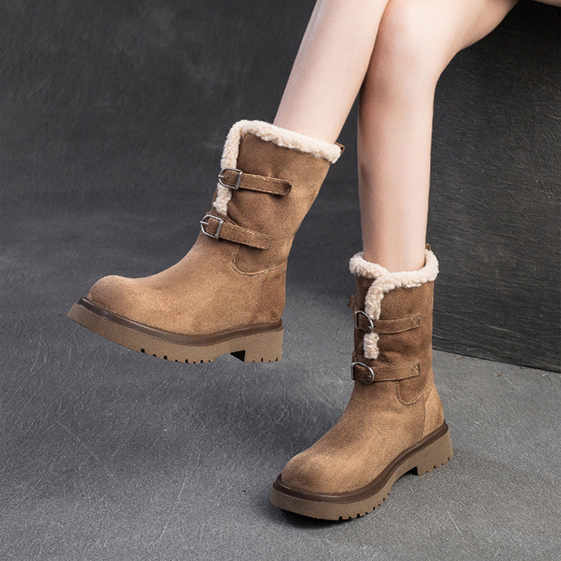 Women Vintage Solid Suede Mid-Calf Snow Boots-RAIIFY