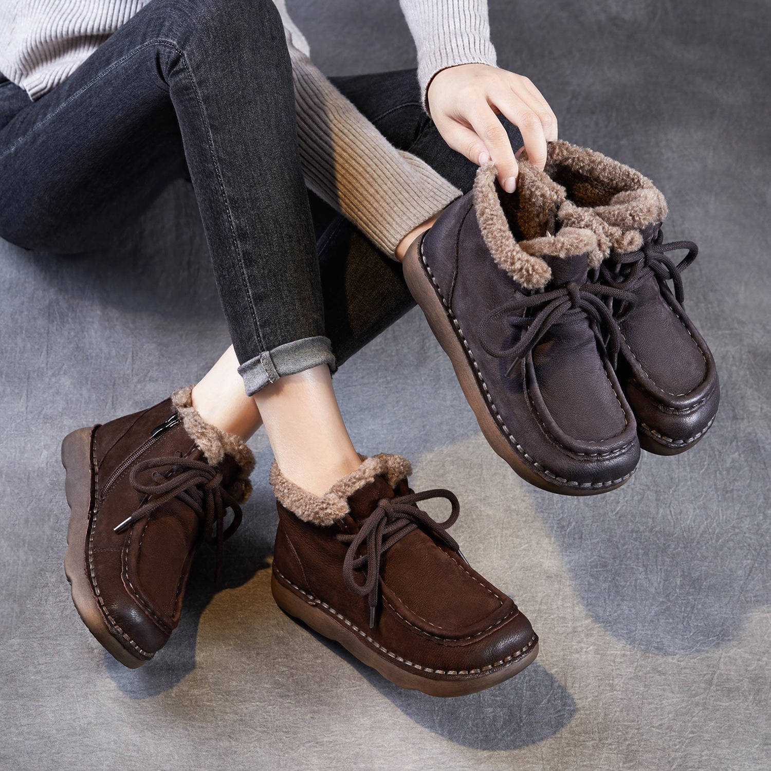 Botines retro de piel cálida y con pelo para mujer