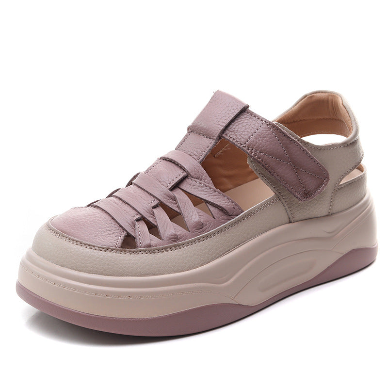 Women's Casual Plaited Leather Round Head Velcro Sandals-RAIIFY
