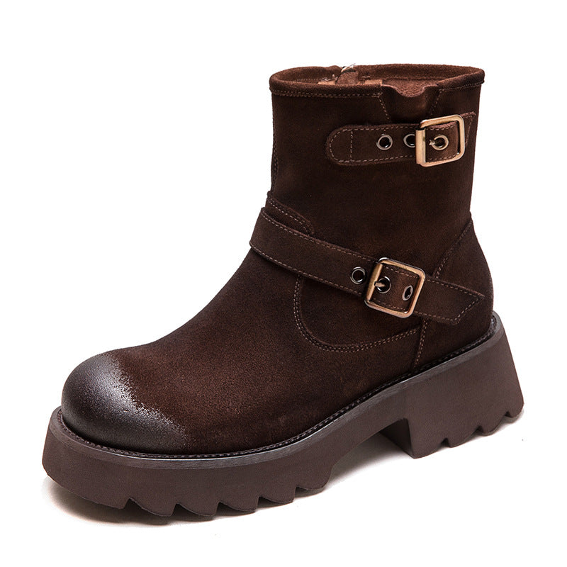 Women Vintage Nubuck Buckle Platform Boots-RAIIFY