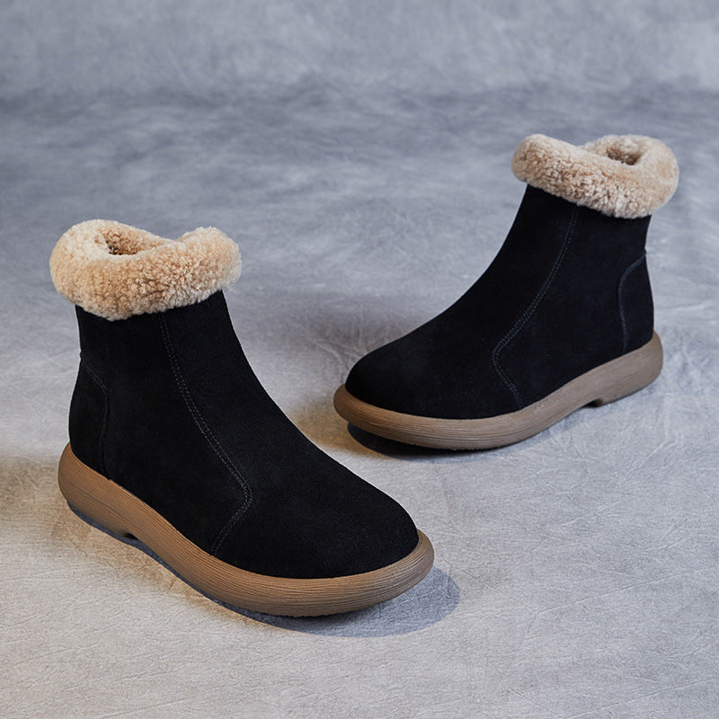 Women Retro Minimalism Solid Suede Flat Snow Boots-RAIIFY