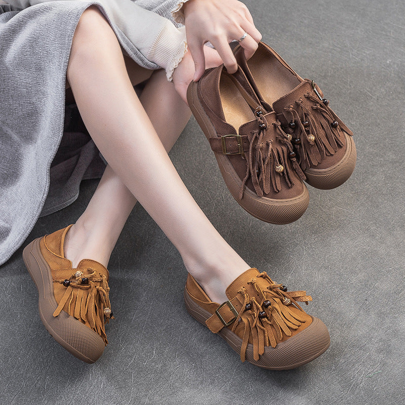 Women Retro Tassel Leather Flat Casual Shoes-RAIIFY