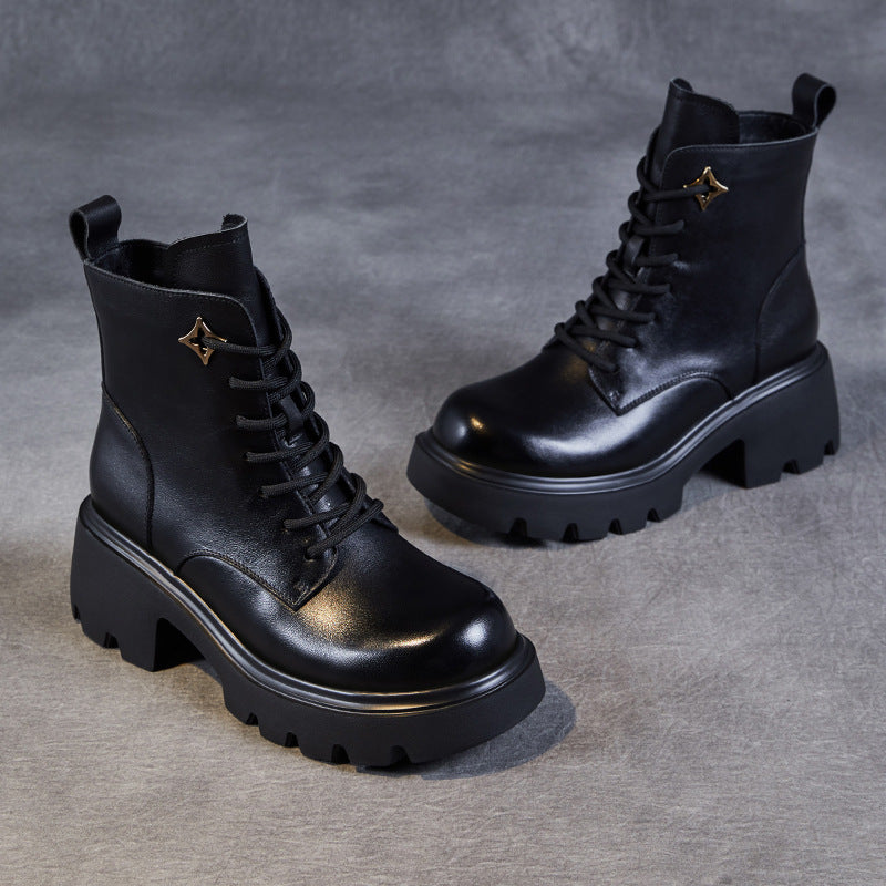 Women Vintage Minimalism Leather Platform Boots-RAIIFY