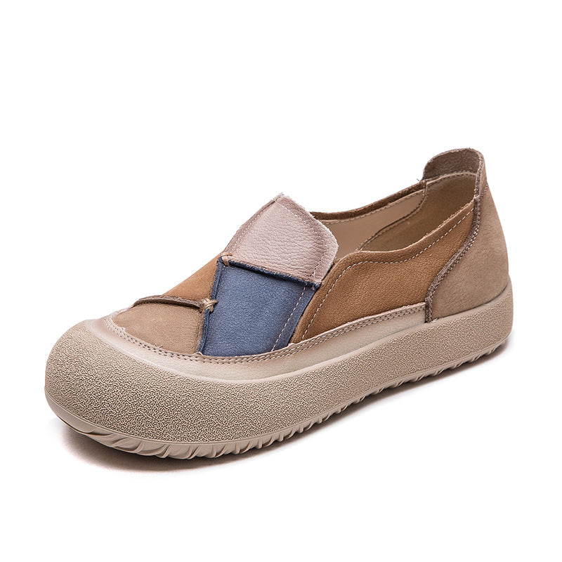 Women Color Matching Leather Flat Casual Shoes-RAIIFY