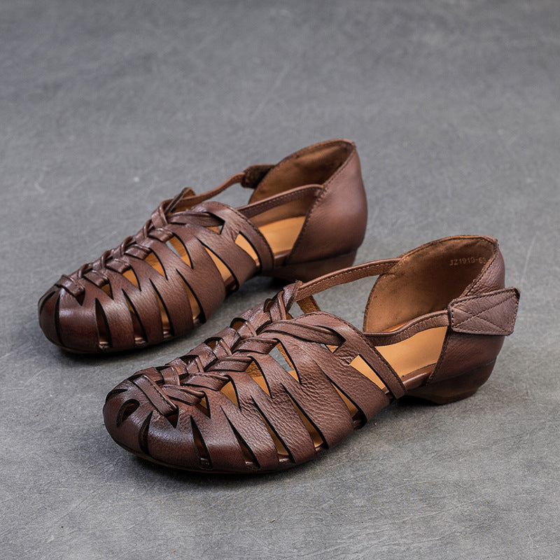 Women Retro Plaited Leather Flat Casual Sandals-RAIIFY