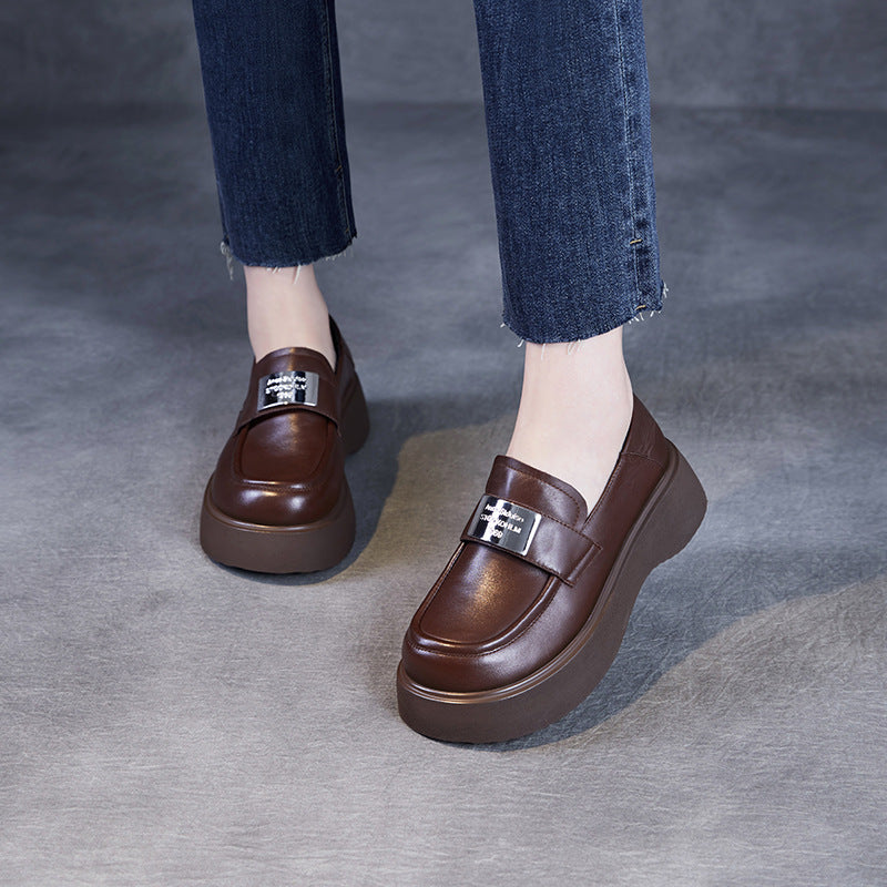 Women Minimalism Plain Leather Thick Soled Casual Loafers-RAIIFY