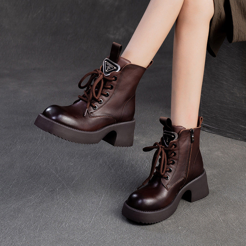 Women Retro Leather Chunky Heel Casual Boots-RAIIFY