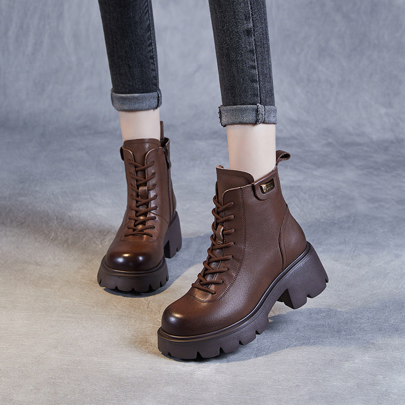 Women's Casual Plain Leather Platform Boots-RAIIFY
