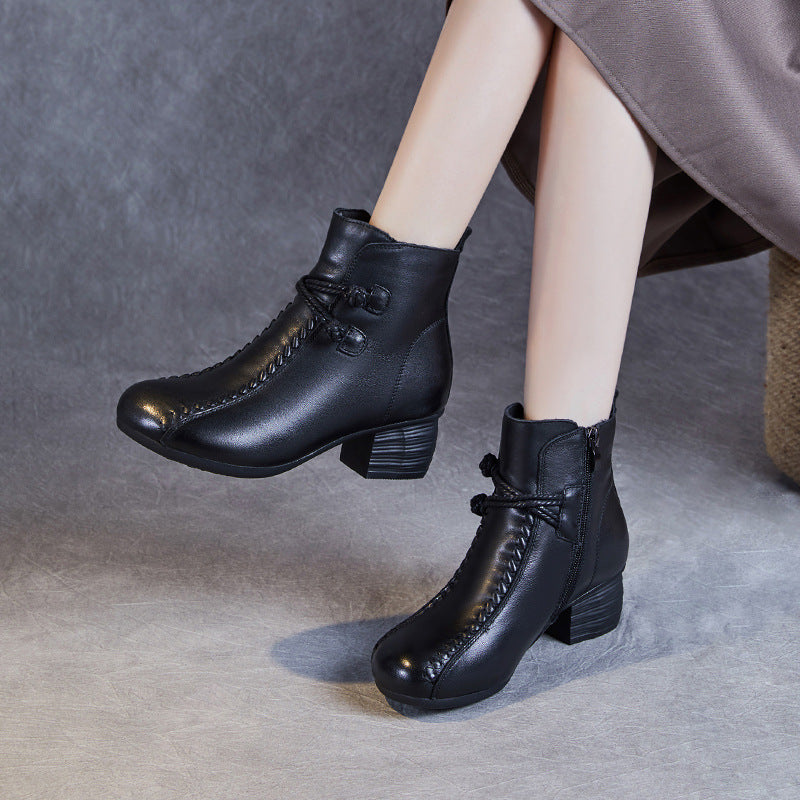 Women's Retro Leather Winter Furred Low Block Ankle Boots-RAIIFY