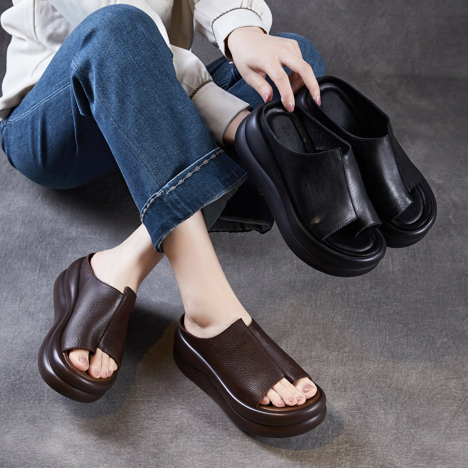 Women's Genuine Leather Retro Thick Sole Wedge Flip-Flop Mules-RAIIFY