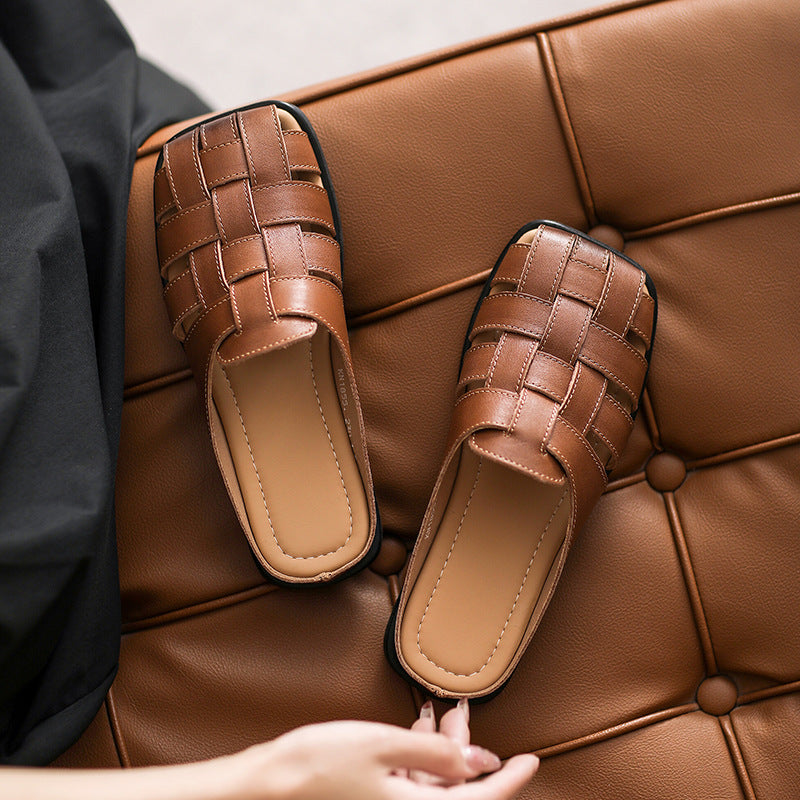 Women Summer Platied Leather Casual Slides-RAIIFY