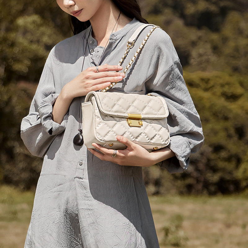 Women's Plain Quilted Leather Chain Strap Cross Body Bag-RAIIFY