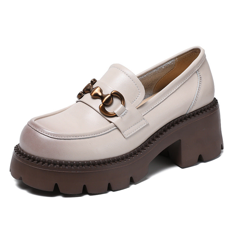 Women Retro Leather Chain Chunky Wedge Loafers-RAIIFY